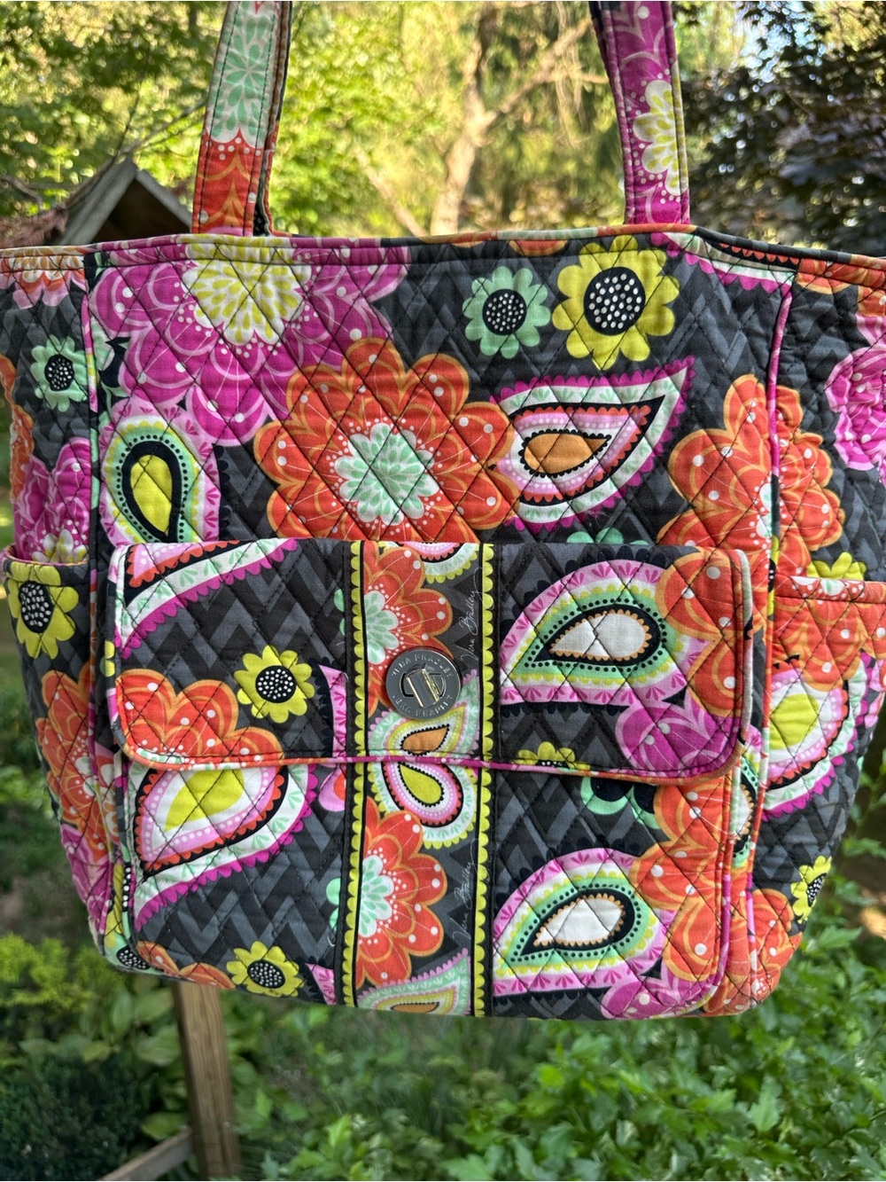 Vera Bradley Retired Ziggy Zinnia Quilted Tote with Pink, Orange & Yellow - Picture 2 of 7
